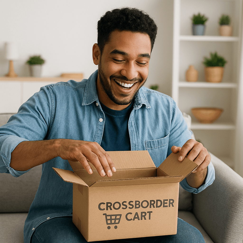 Happy customer opening a Cross Border Cart package